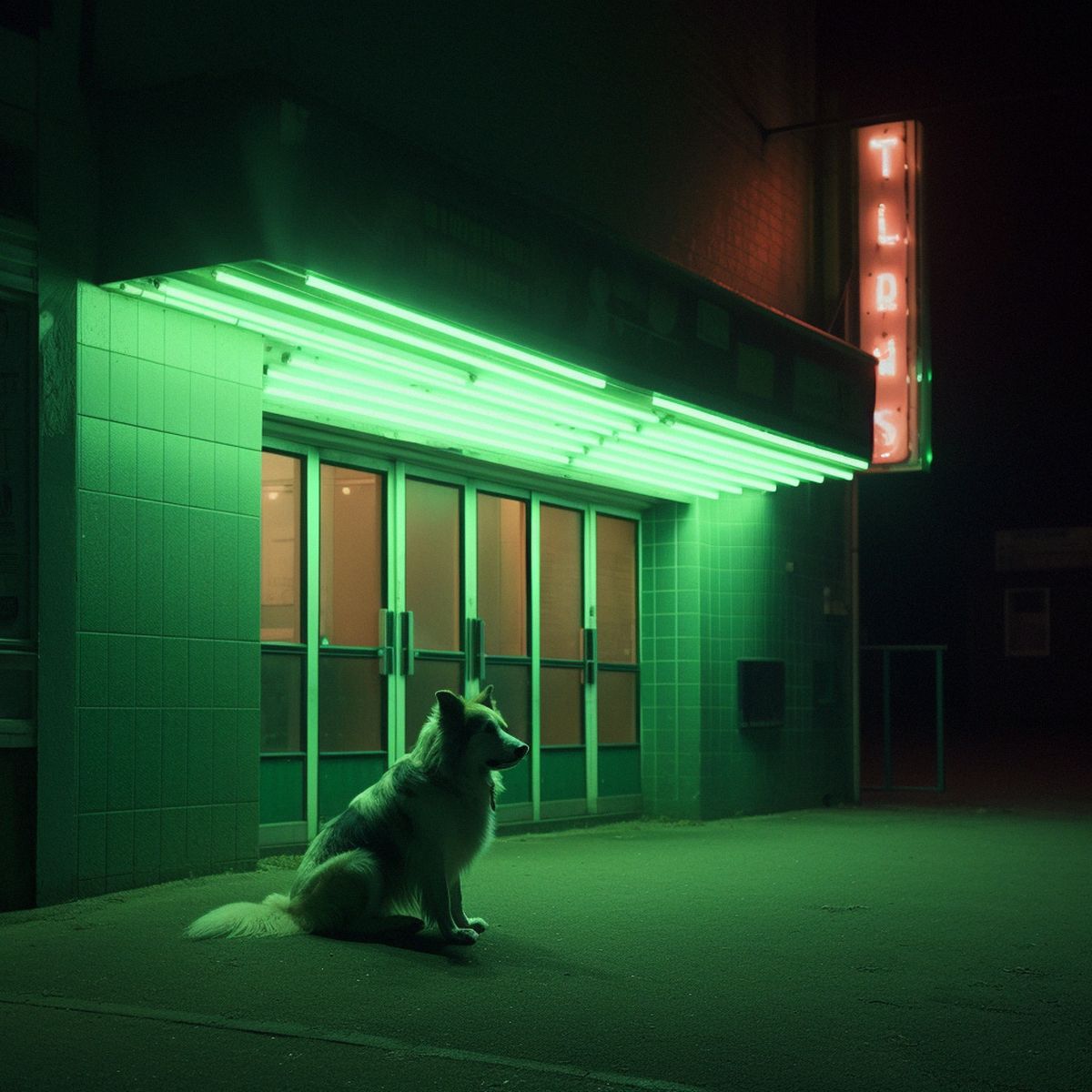 A tired dog abandoned at the old cinema on the road at ni