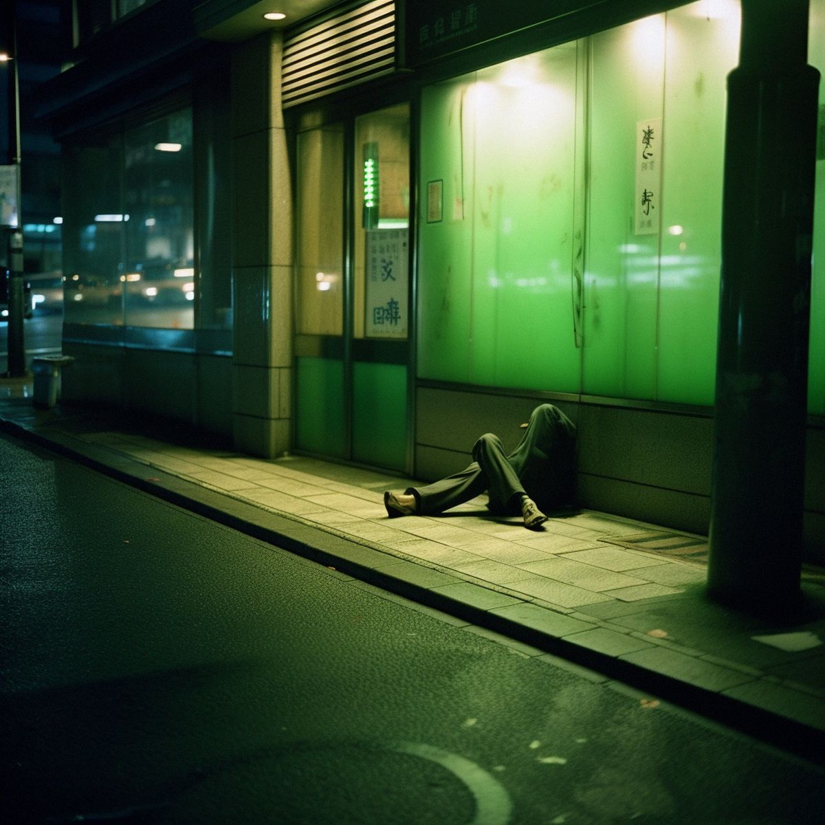 Two legs abandoned at Shibuya at night. Green pale lights