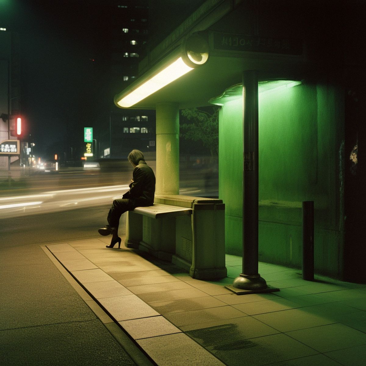 Two legs abandoned at Shibuya at night. Green pale lights