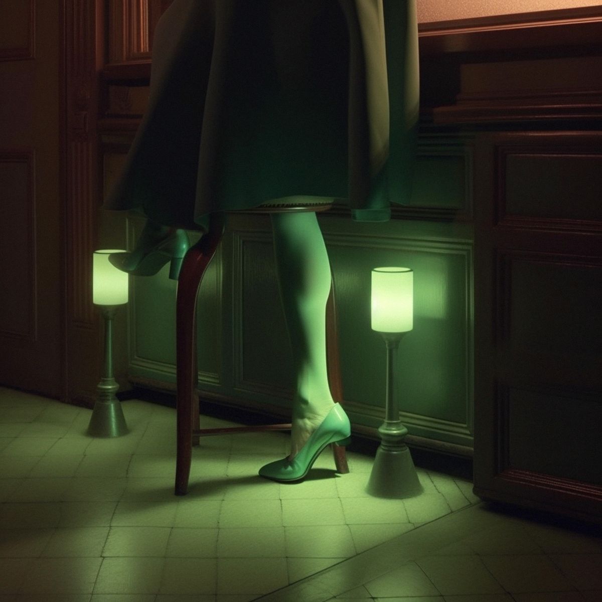 Two legs abandoned at a Jeff Kons dull solo show at night