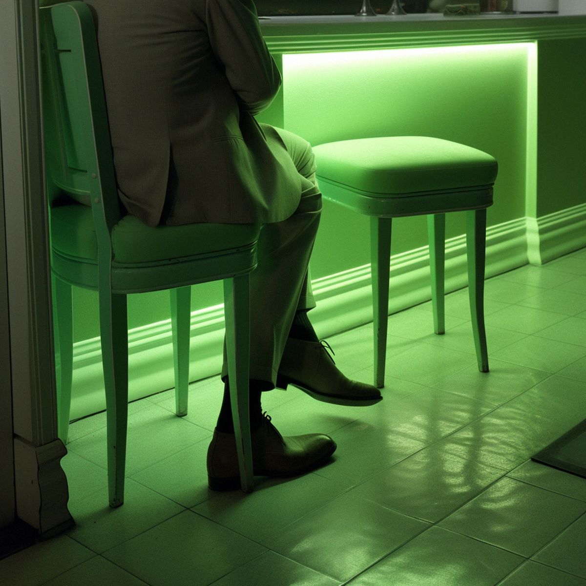 Two legs abandoned at a Jeff Kons dull solo show at night