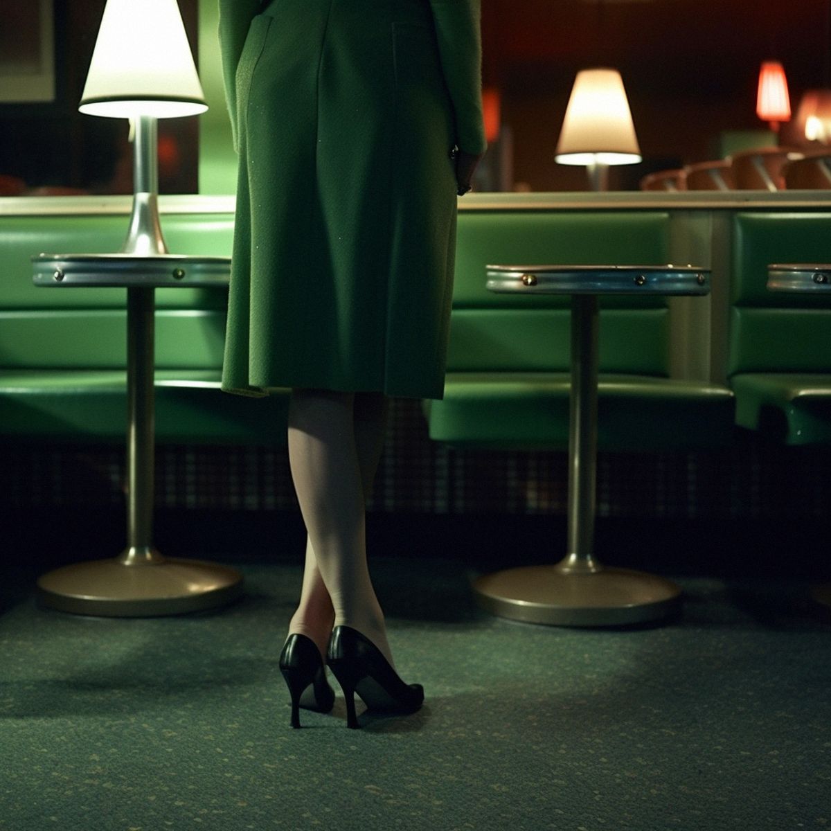 Two legs abandoned at a old dinner at night. Green pale l
