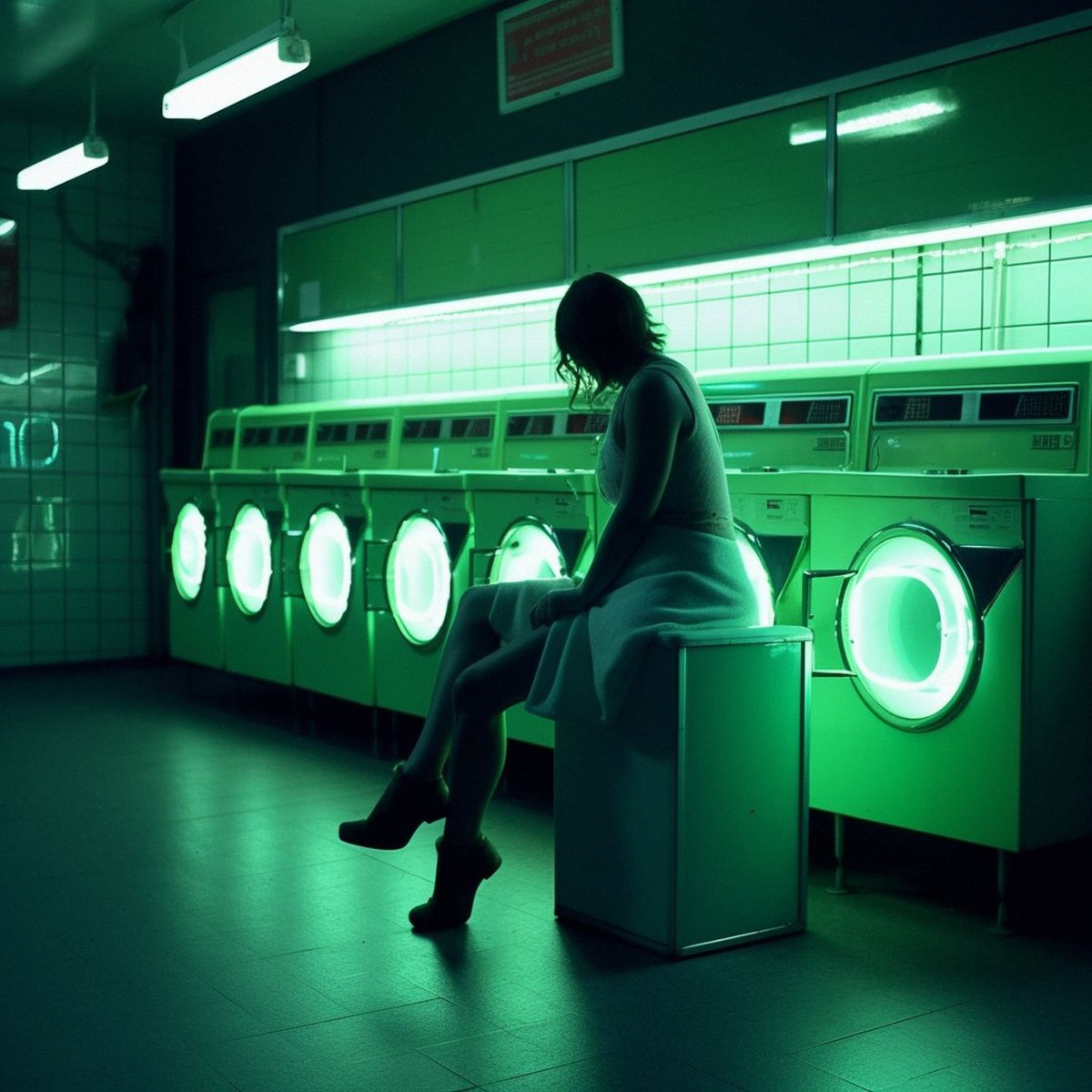Two legs abandoned at the laundromat at night. Green pale