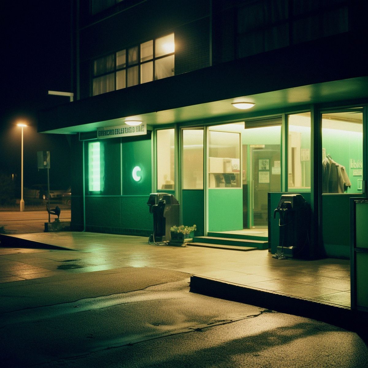 Two legs abandoned at the laundromat at night. Green pale
