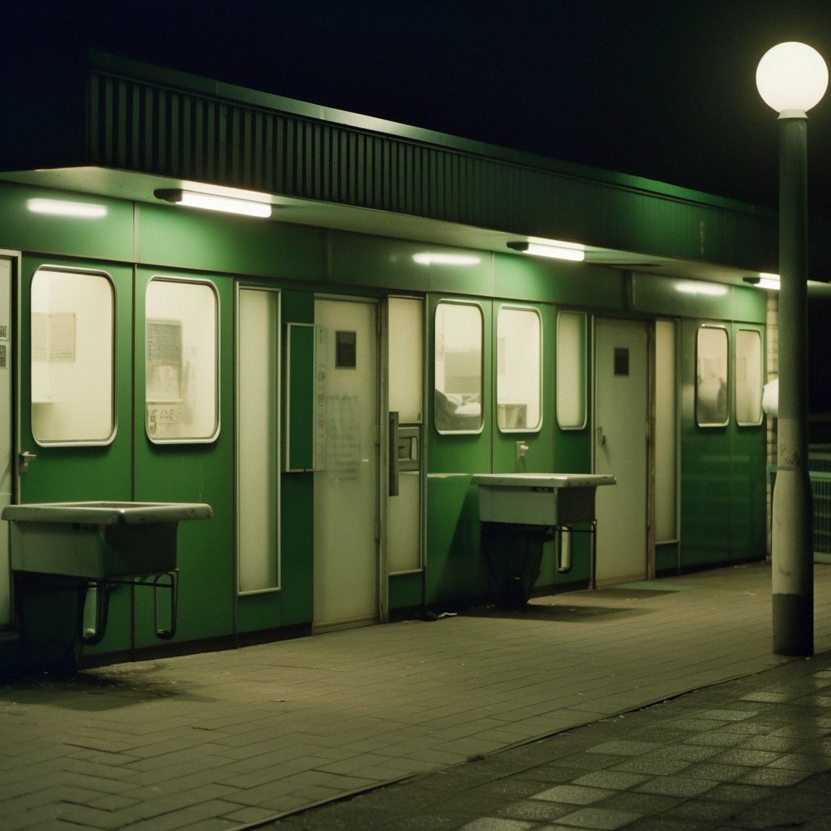 Two legs abandoned at the laundromat at night. Green pale