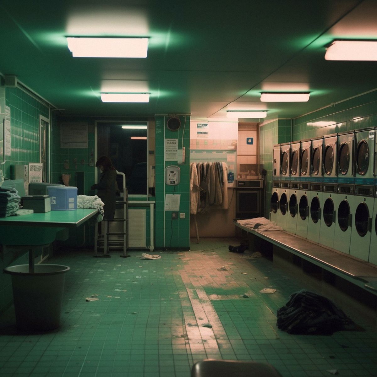 Two legs abandoned at the laundromat at night. Green pale