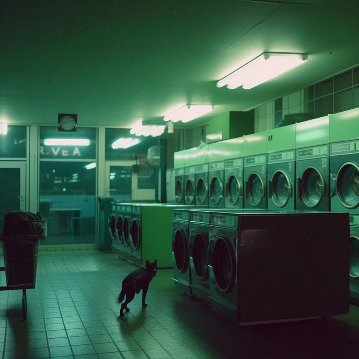 Two legs abandoned at the laundromat at night. Green pale