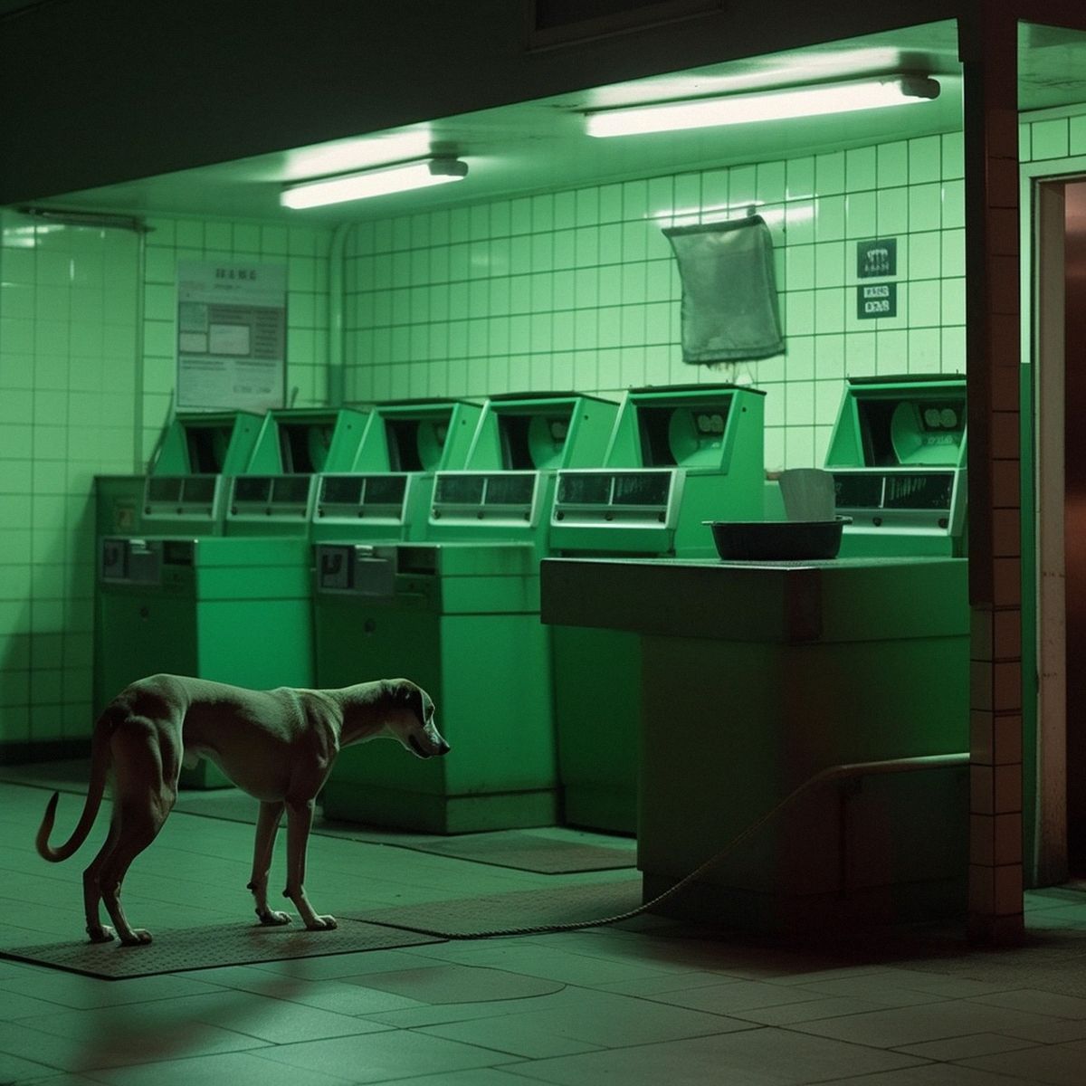 Two legs abandoned at the laundromat at night. Green pale