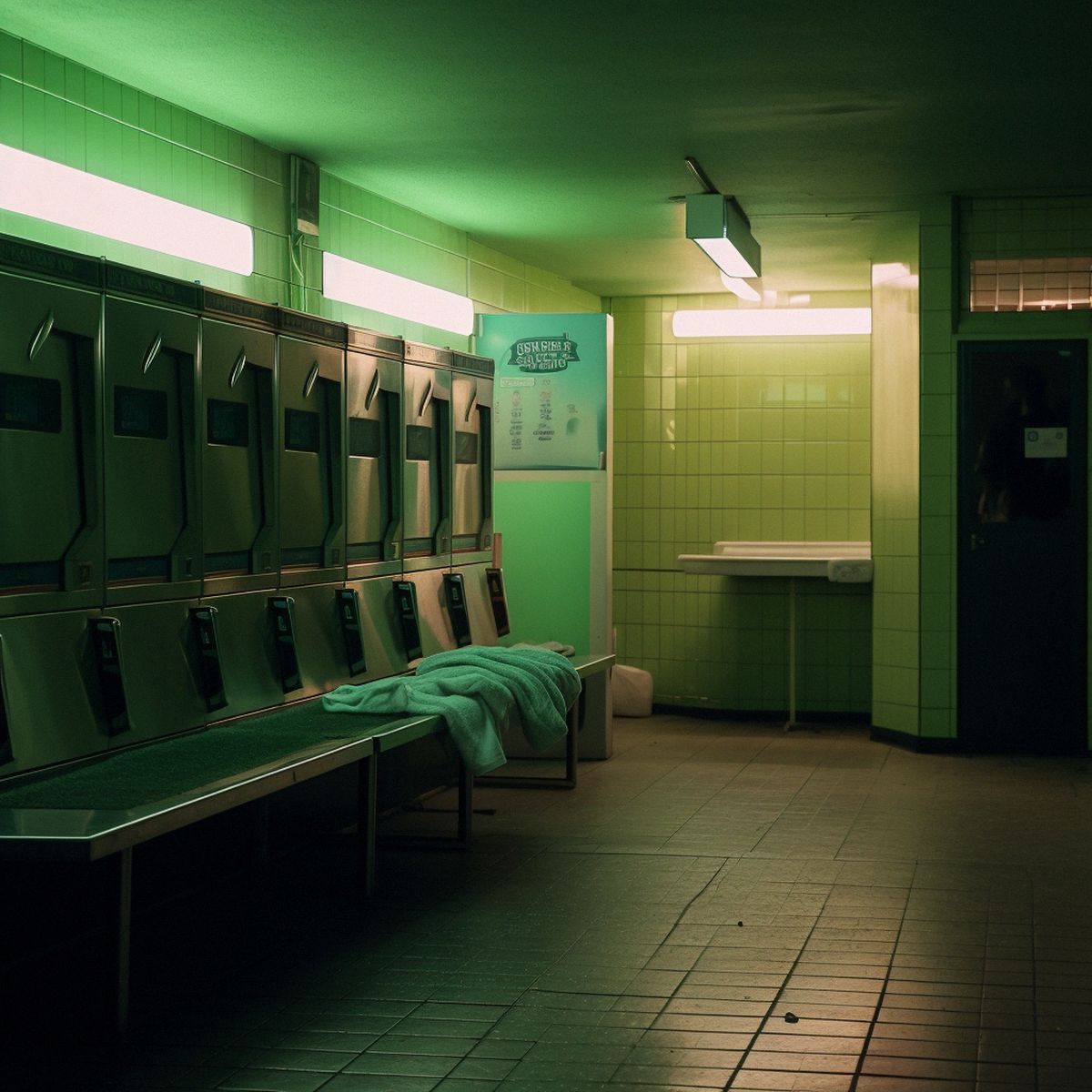 Two legs abandoned at the laundromat at night. Green pale