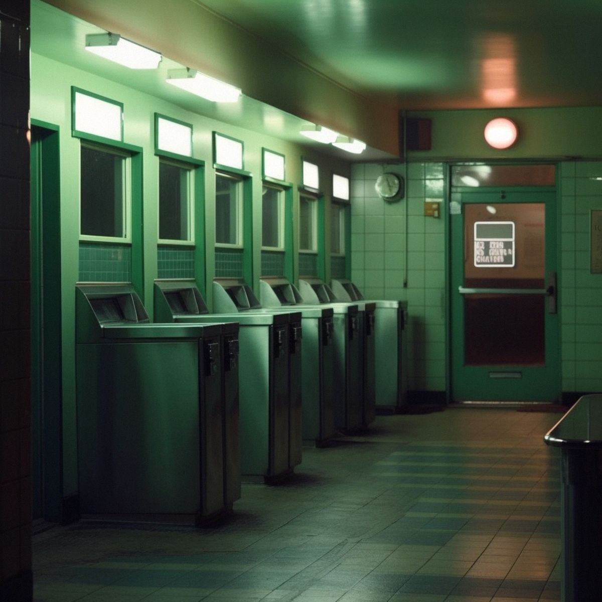 Two legs abandoned at the laundromat at night. Green pale