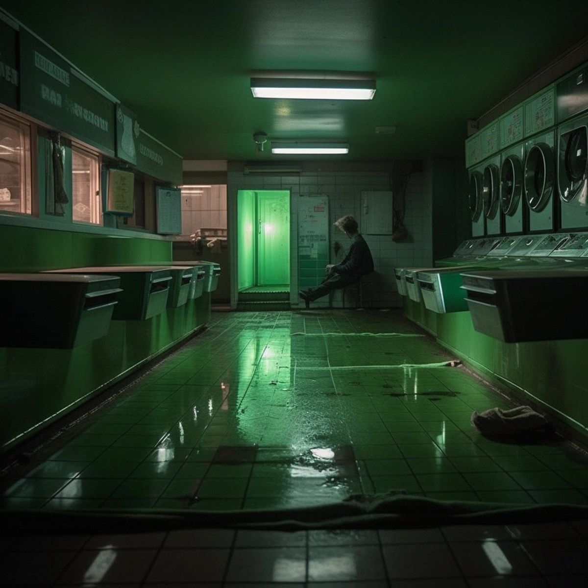 Two legs abandoned at the laundromat at night. Green pale
