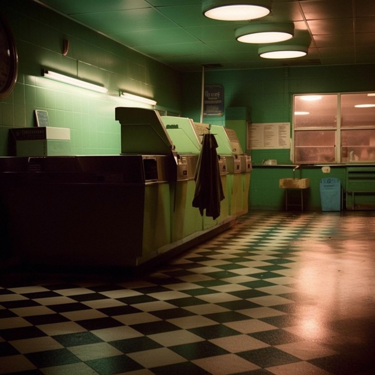 Two legs abandoned at the laundromat at night. Green pale