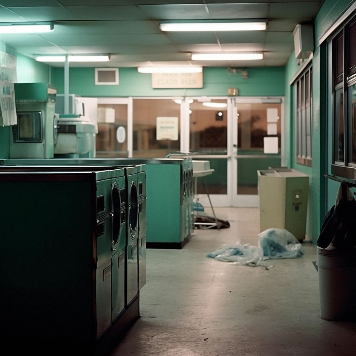 Two legs abandoned at the laundromat at night. Green pale