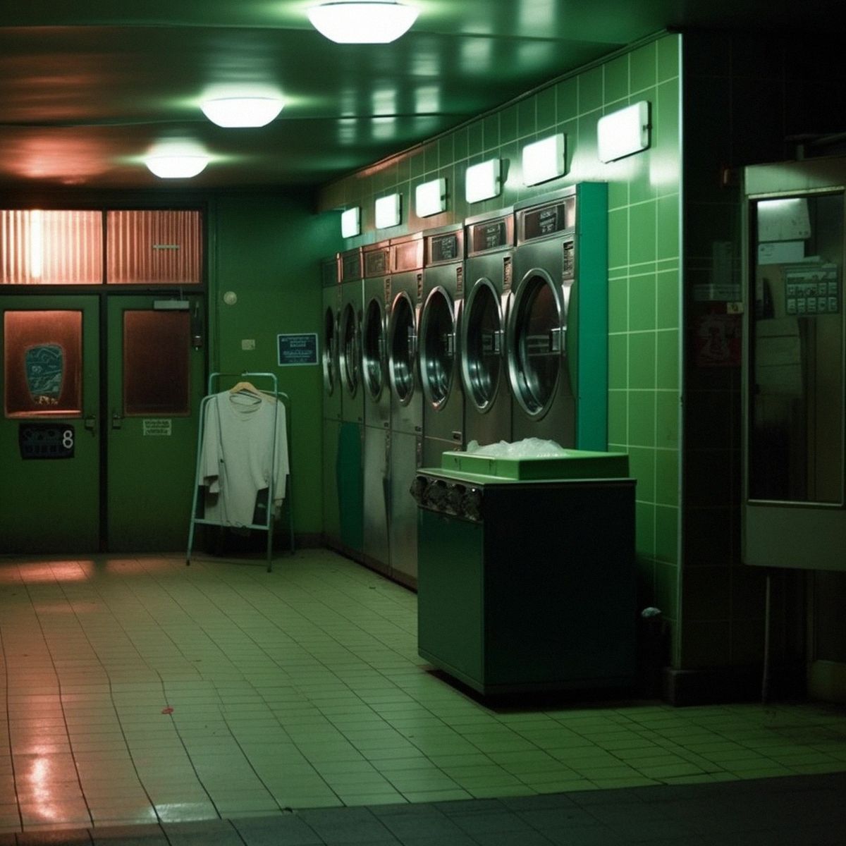 Two legs abandoned at the laundromat at night. Green pale