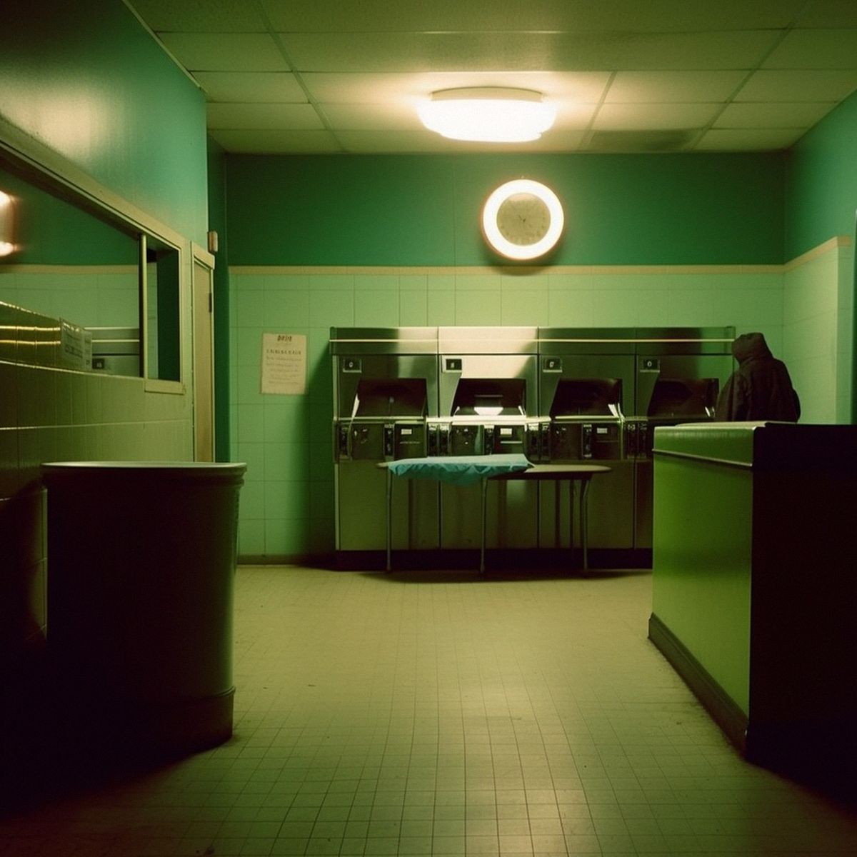 Two legs abandoned at the laundromat at night. Green pale