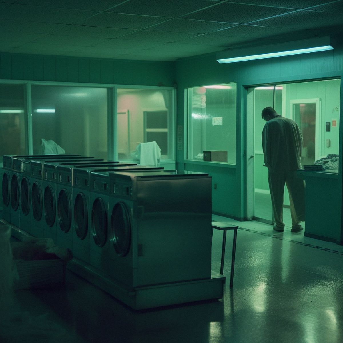 Two legs abandoned at the laundromat at night. Green pale
