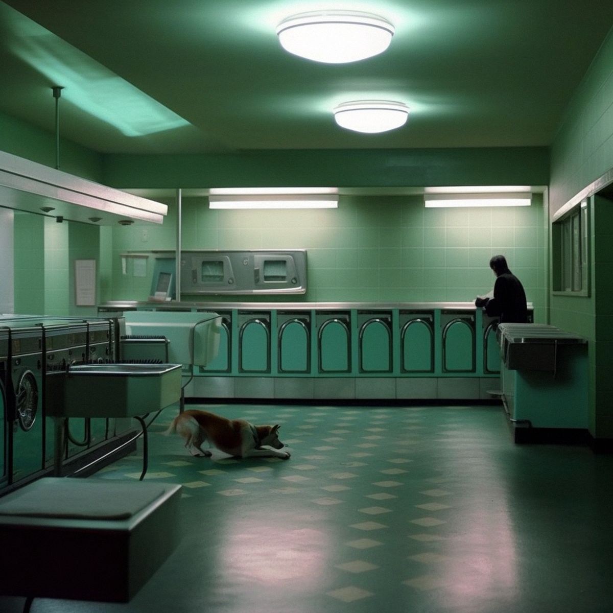 Two legs abandoned at the laundromat at night. Green pale