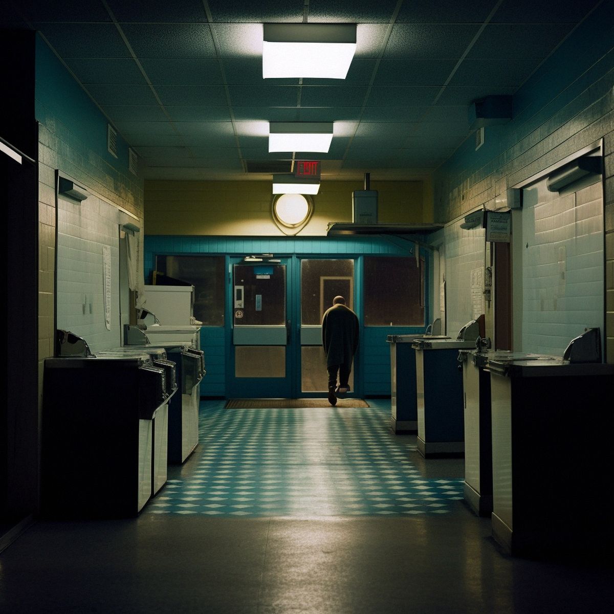 Two legs abandoned at the laundromat at night. Pale light