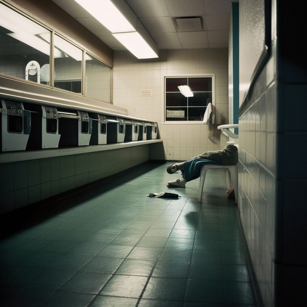 Two legs abandoned at the laundromat at night. Pale light
