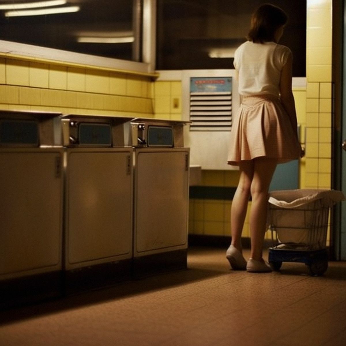 Two legs abandoned at the laundromat at night. Pale light