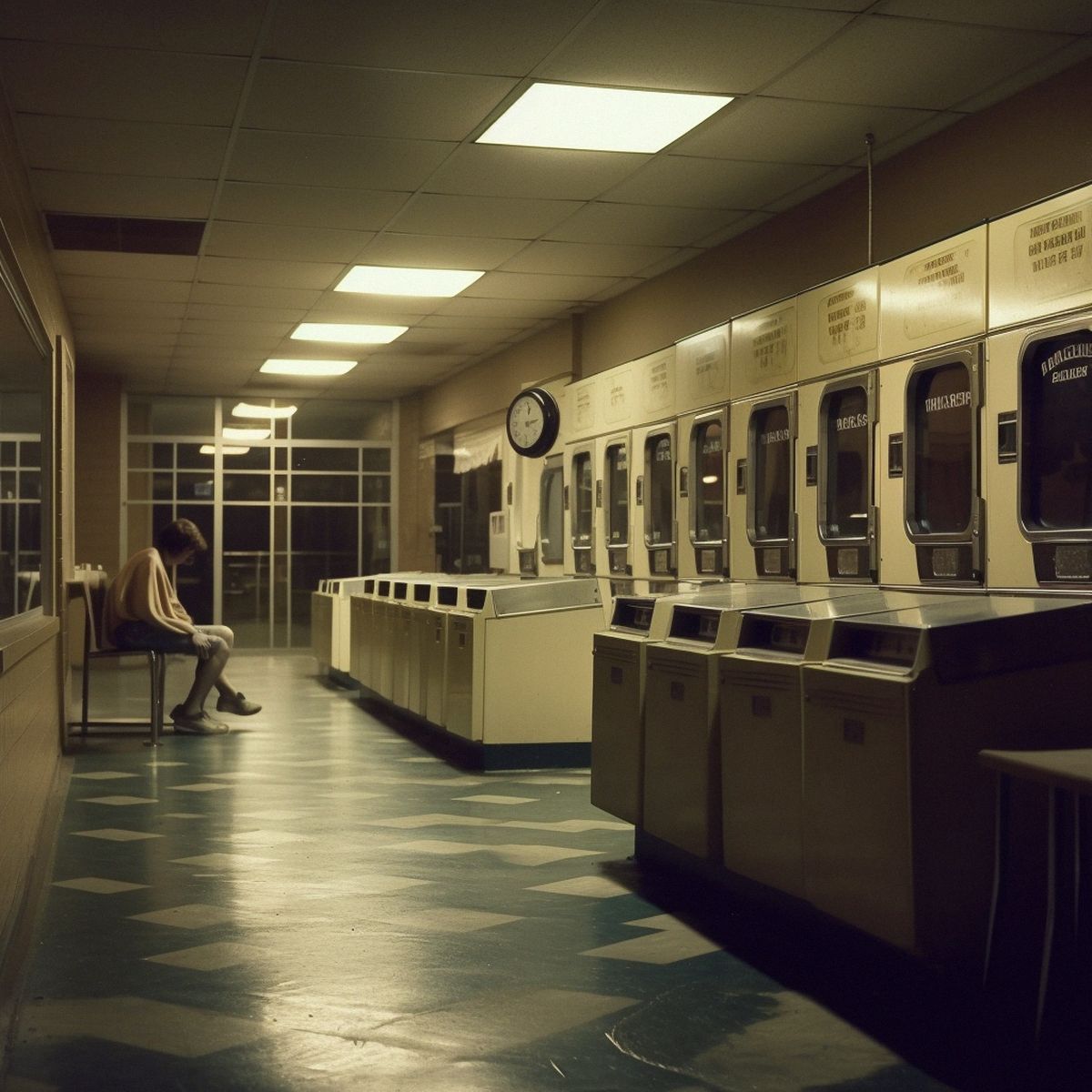 Two legs abandoned at the laundromat at night. Pale light