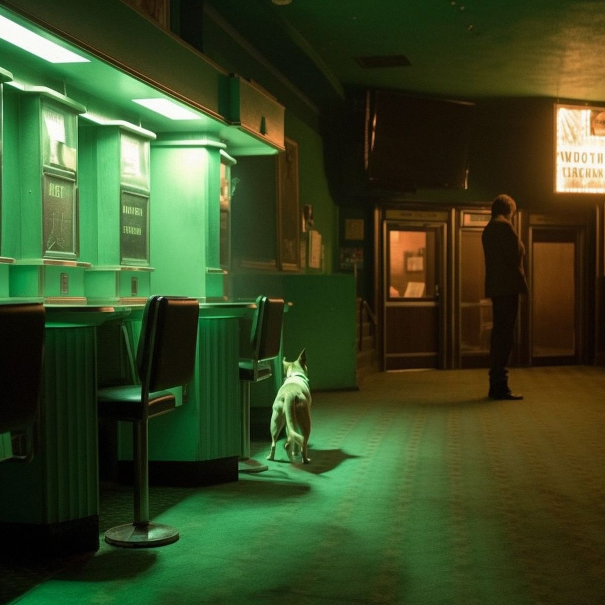 Two legs abandoned at the old cinema at night. Green pale