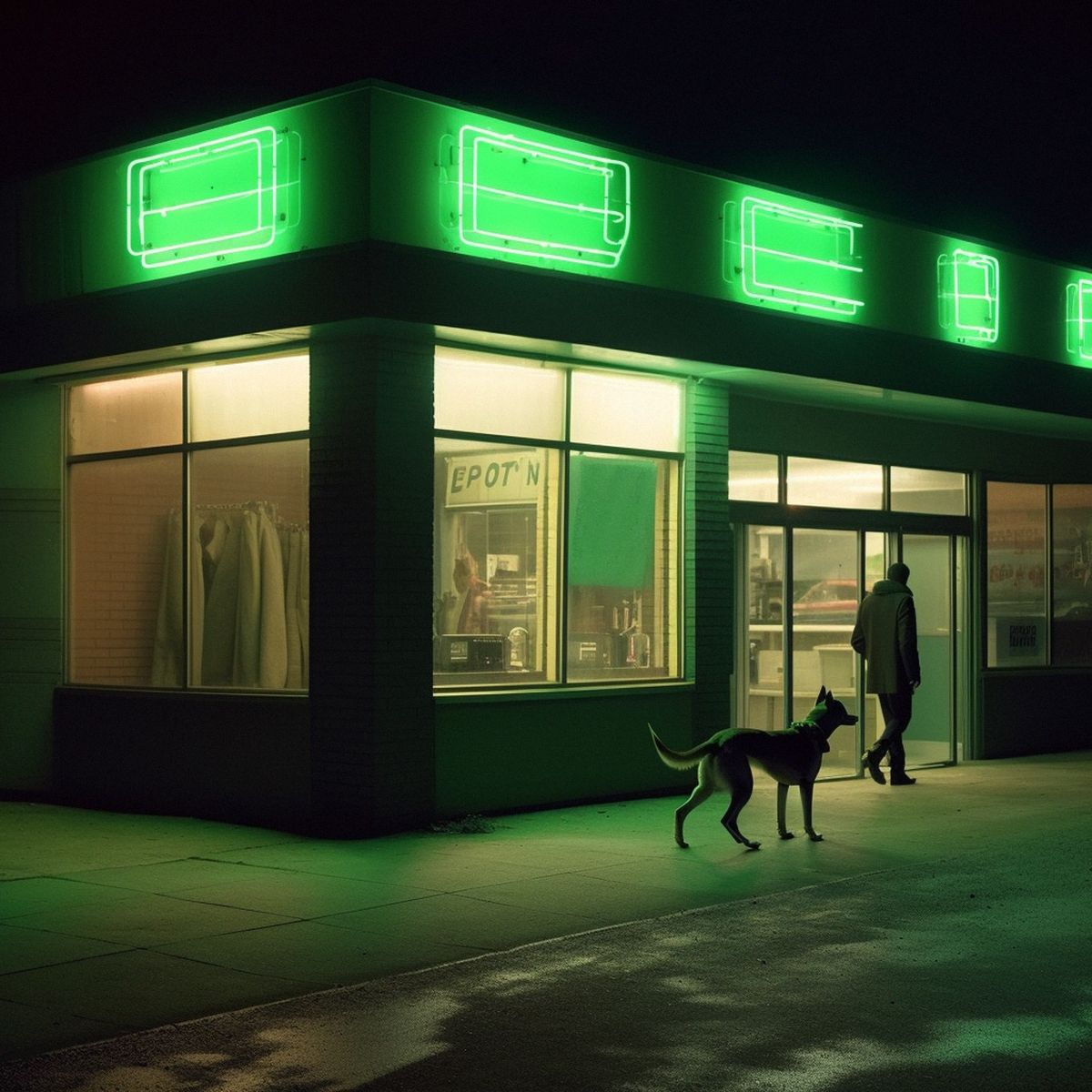 Two legs abandoned at the old cinema at night. Green pale