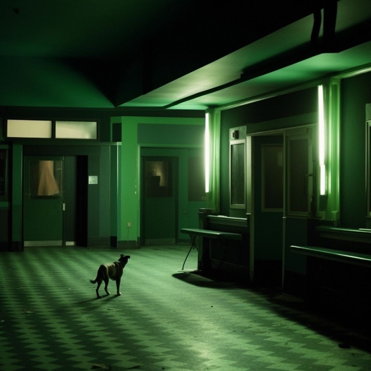 Two legs abandoned at the old cinema at night. Green pale