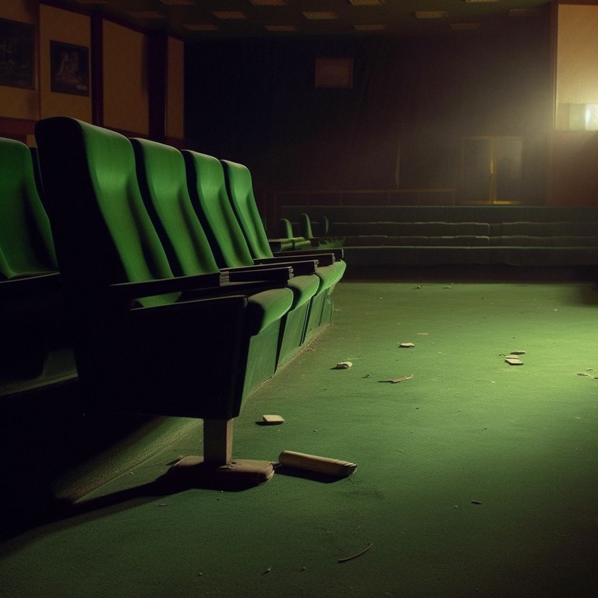 Two legs abandoned at the old cinema at night. Green pale