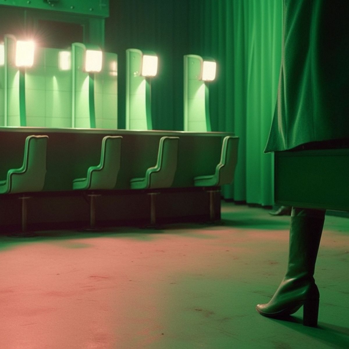 Two legs abandoned at the old cinema at night. Green pale