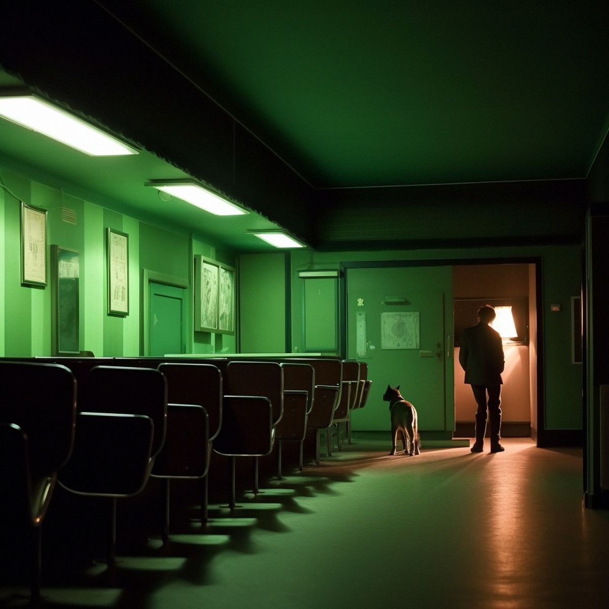 Two legs abandoned at the old cinema at night. Green pale