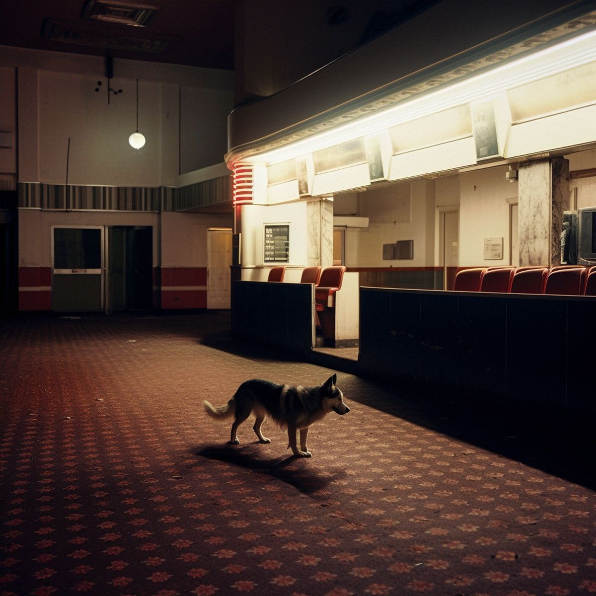 Two legs abandoned at the old cinema at night. Pale light