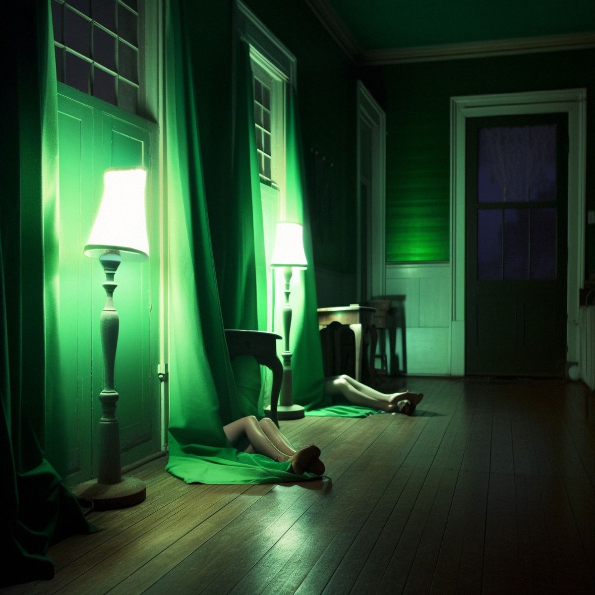 Two legs abandoned at the old house at night. Green pale