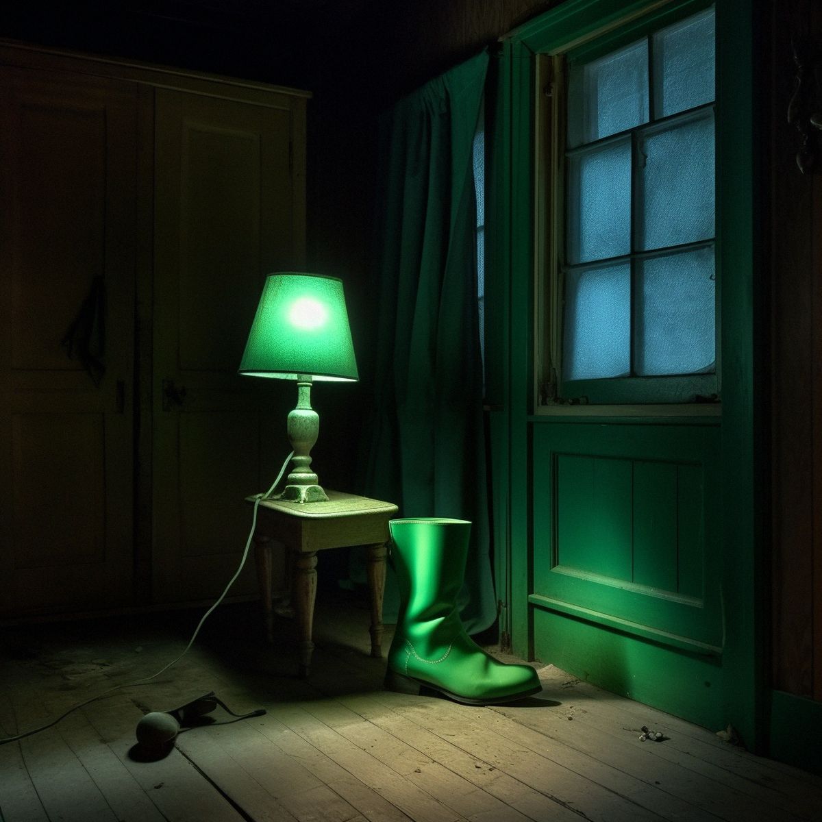 Two legs abandoned at the old house at night. Green pale