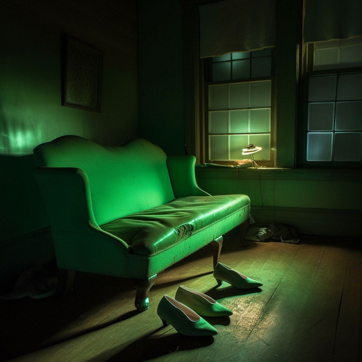 Two legs abandoned at the old house at night. Green pale