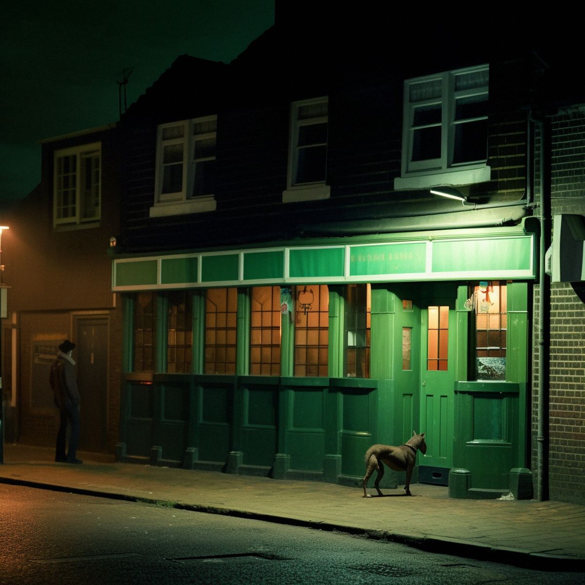 Two legs abandoned at the old pub at night. Green pale li
