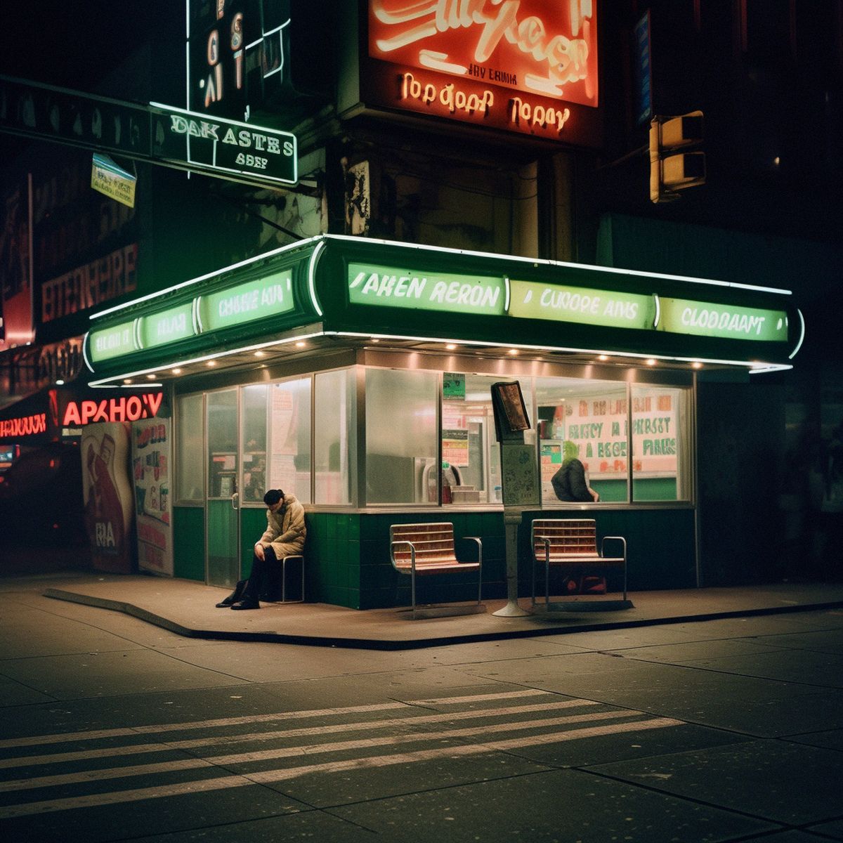 Two legs abandoned at time square at night. Green pale li