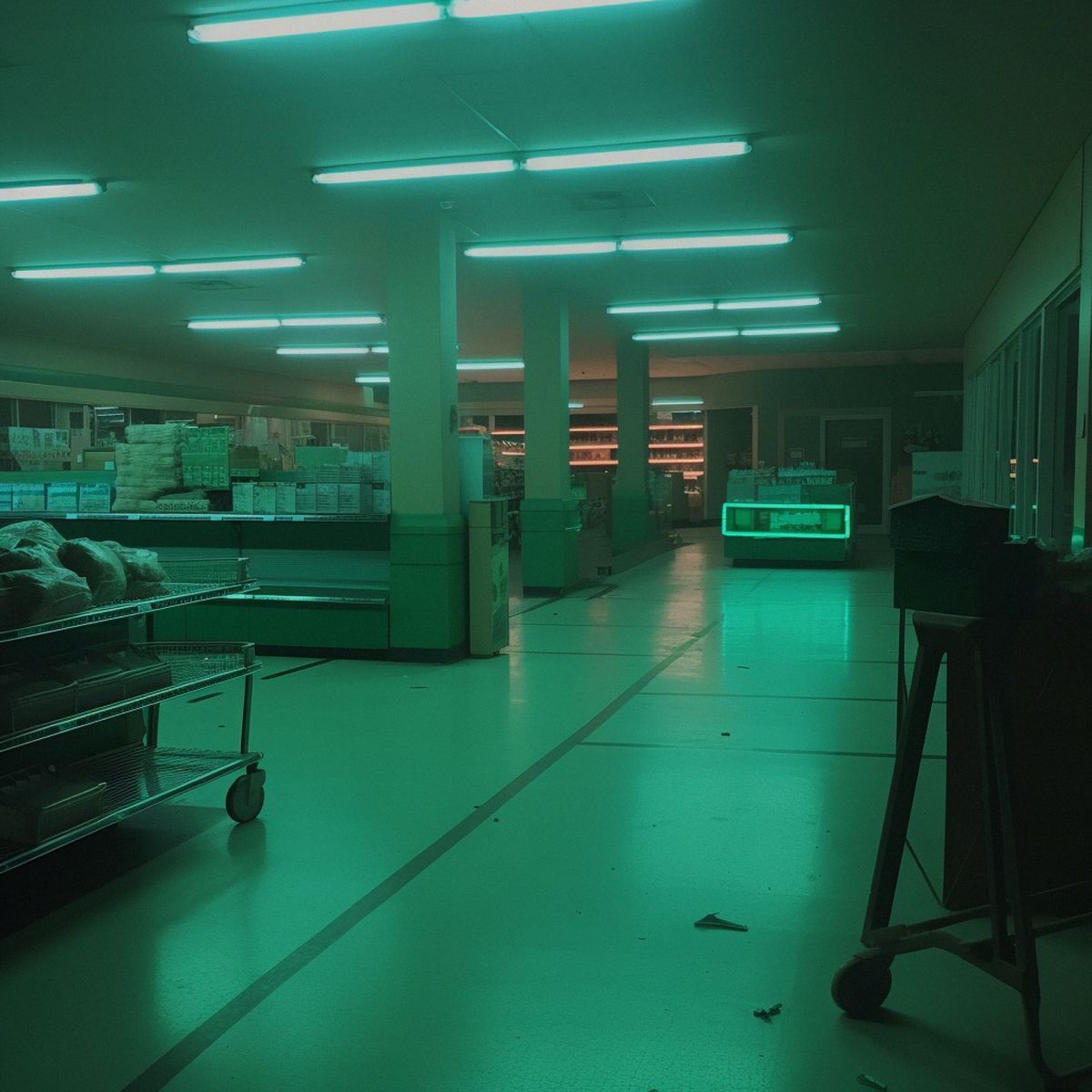 Two legs abandoned in a Walmart at night. Green pale ligh
