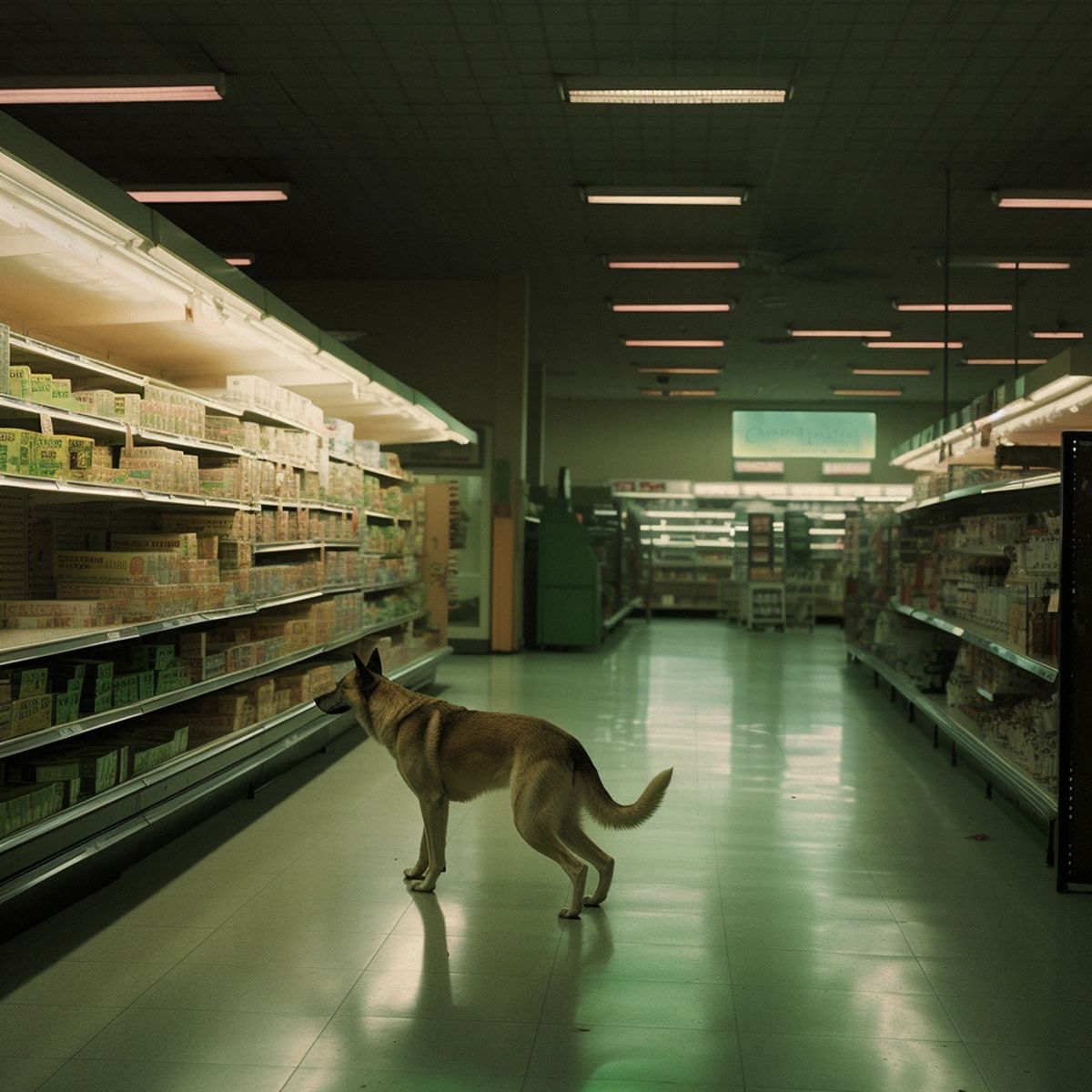 Two legs abandoned in a Walmart at night. Green pale ligh