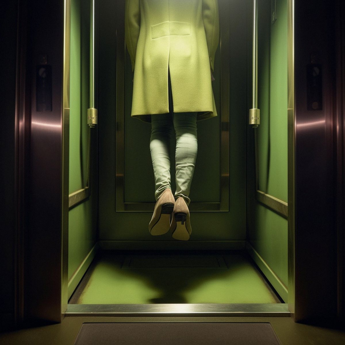 Two legs abandoned in a luxurious elevator at night. Gree