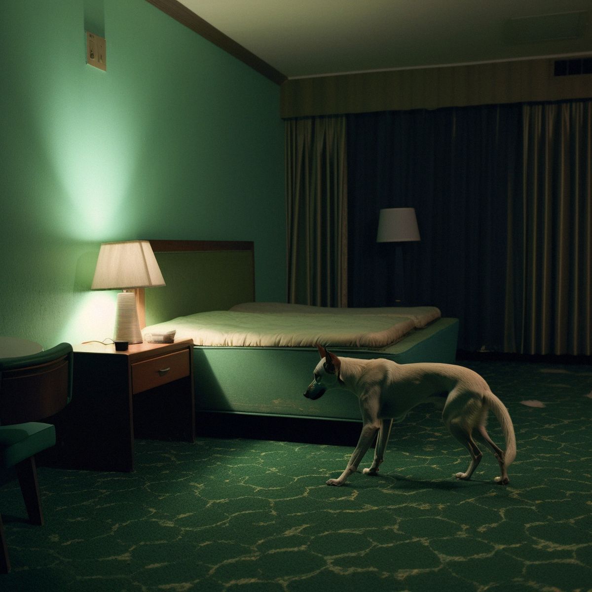 Two legs abandoned in a motel at night. Green pale lights