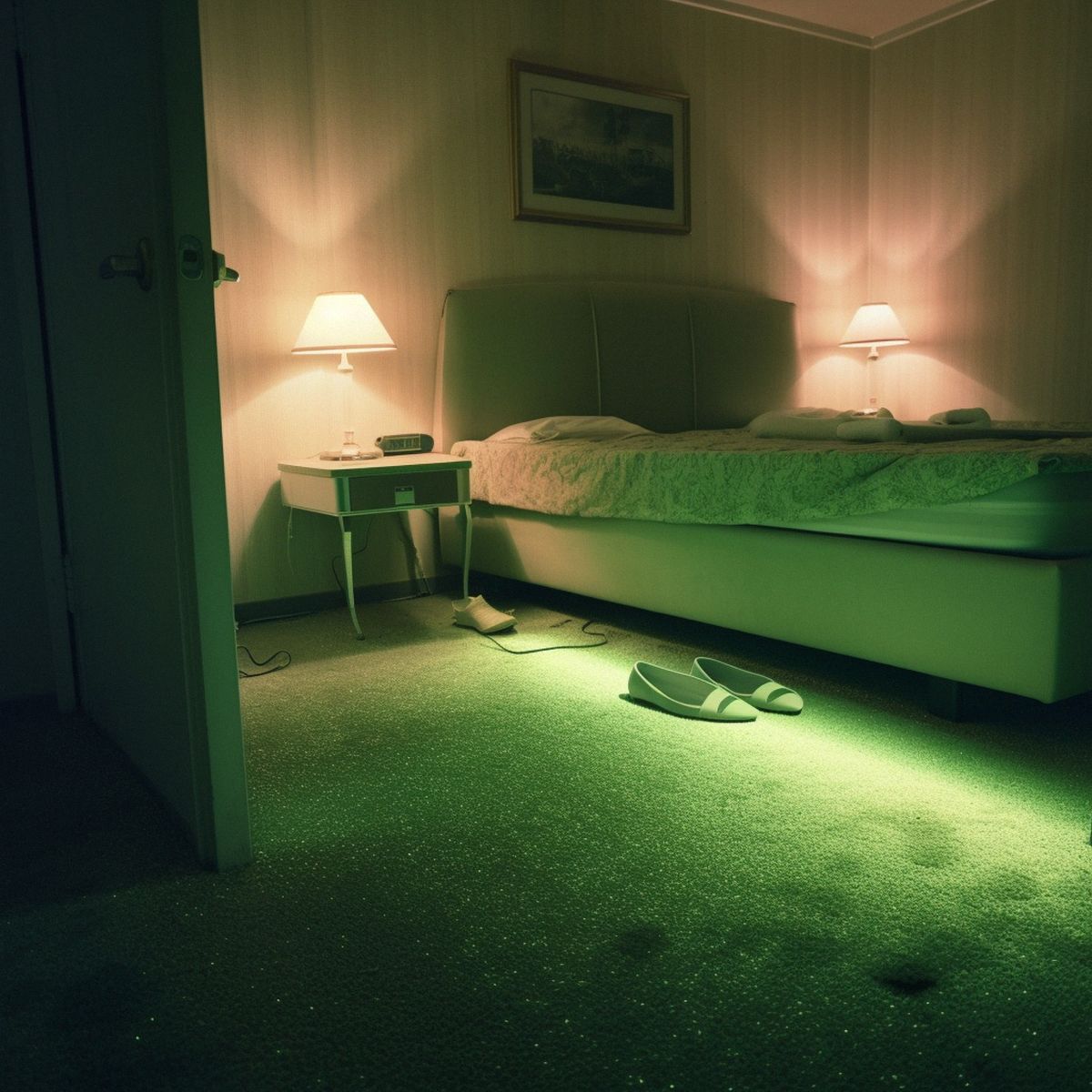 Two legs abandoned in a motel at night. Green pale lights