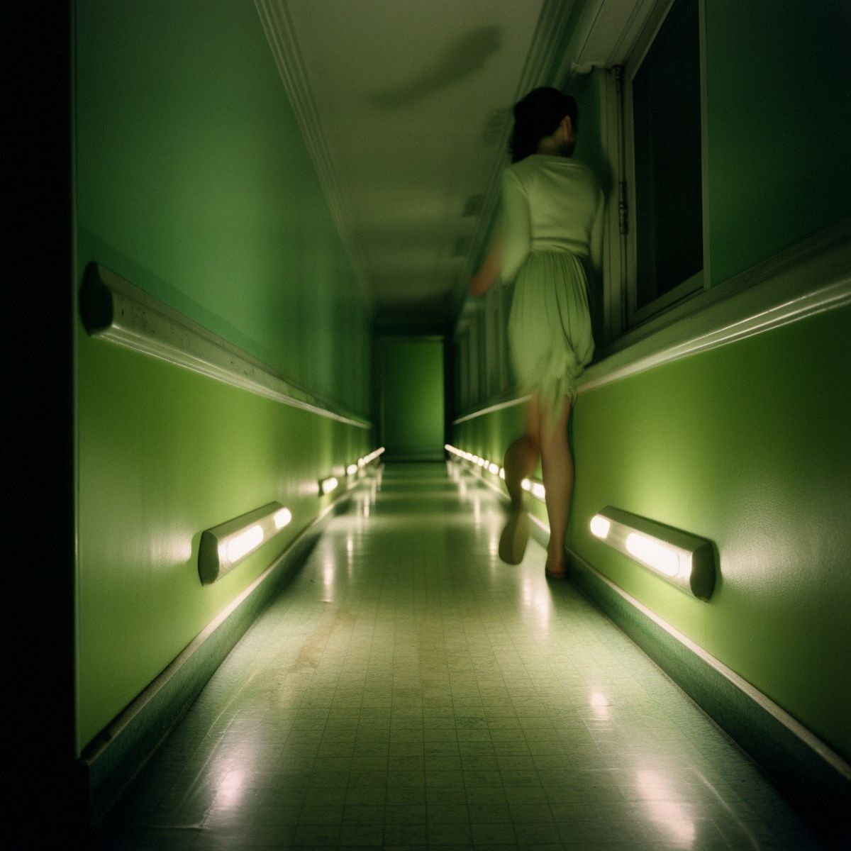 Two legs abandoned in a old corridor at night. Green pale