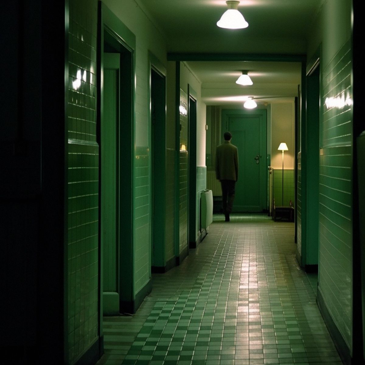 Two legs abandoned in a old corridor at night. Green pale