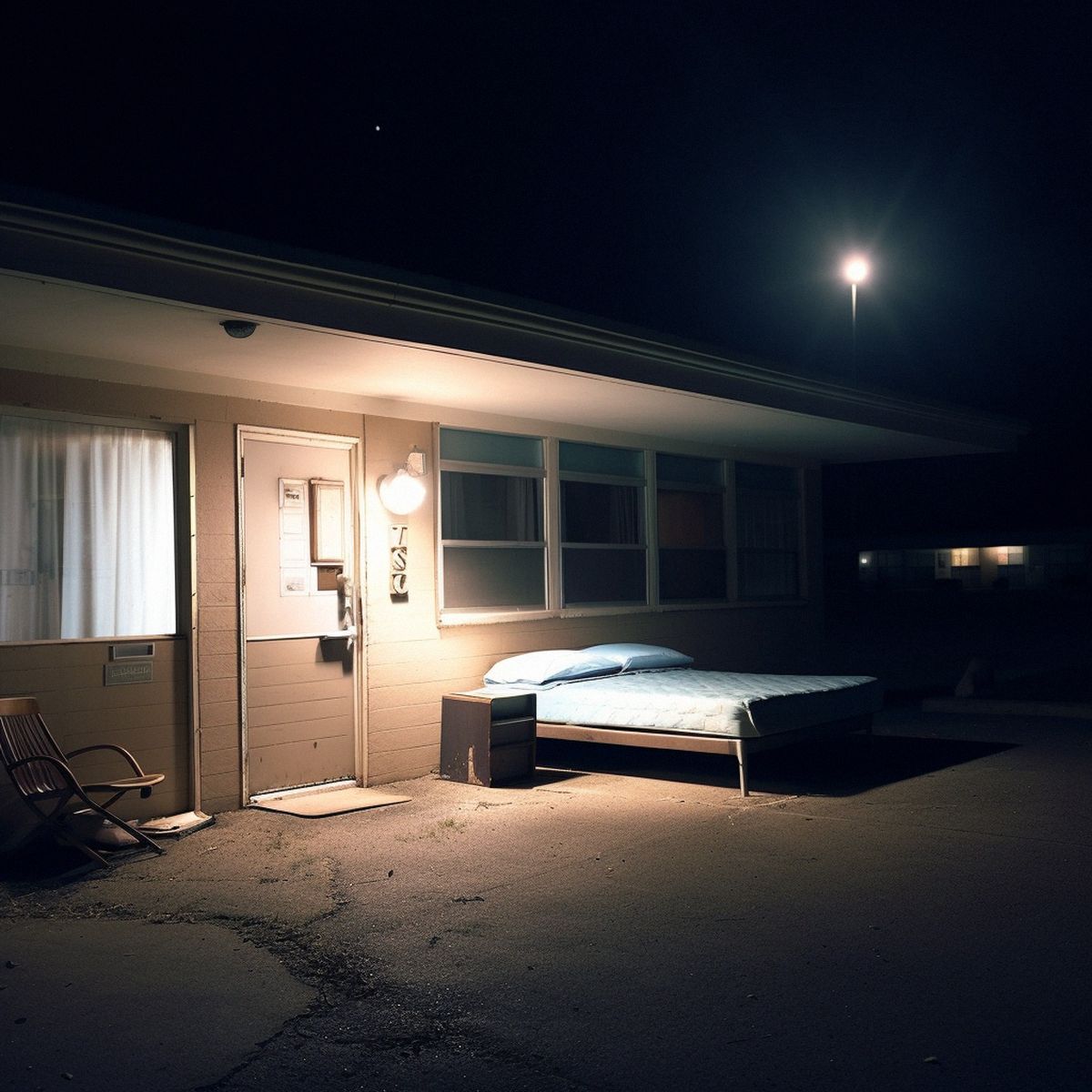Two legs abandoned in a old motel at night. Pale lights.