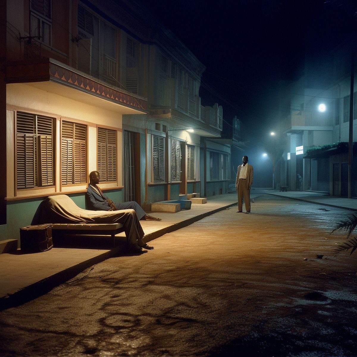 Two legs abandoned in an African city at night. Pale ligh