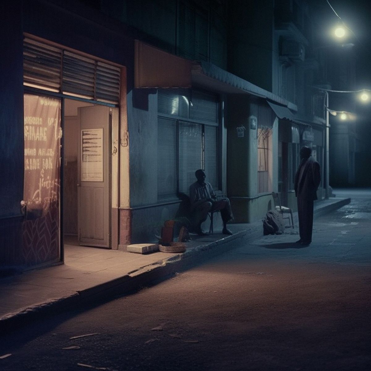 Two legs abandoned in an African city at night. Pale ligh