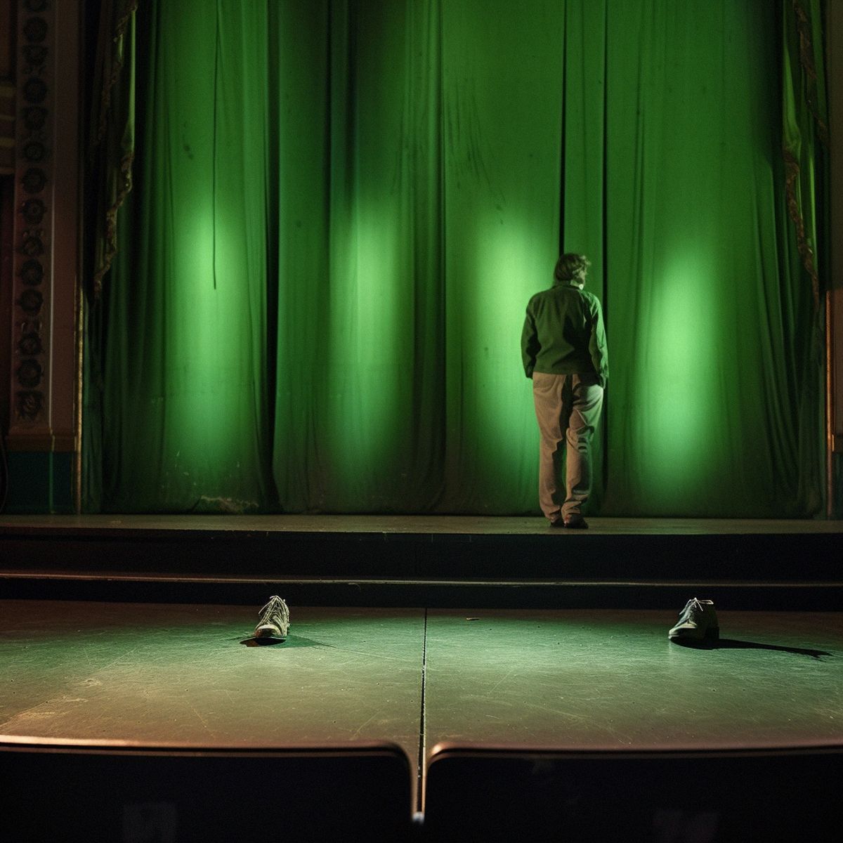 Two legs abandoned on the old stage at night. Green pale