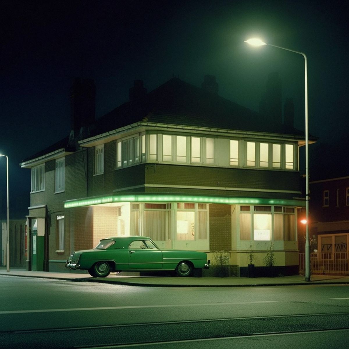 a surrealistic pillow at night. Green pale lights. Dutch